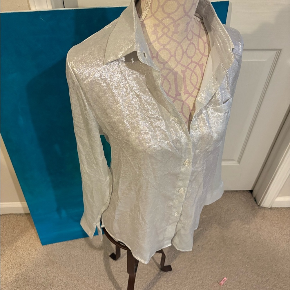 Y2K Boutique Liquid Silver Metallic Shimmer Button Down Shirt Blouse Top S